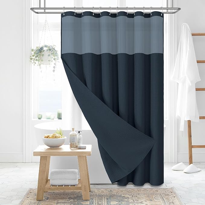 78 Inch Long Shower Curtain, Tall Waffle Fabric Shower Curtains for Bathroom, Hotel Waterproof Cloth Shower Curtain Liner Set with Hooks, Snap in Liner, Mesh Top Window, Navy Blue, 72x78