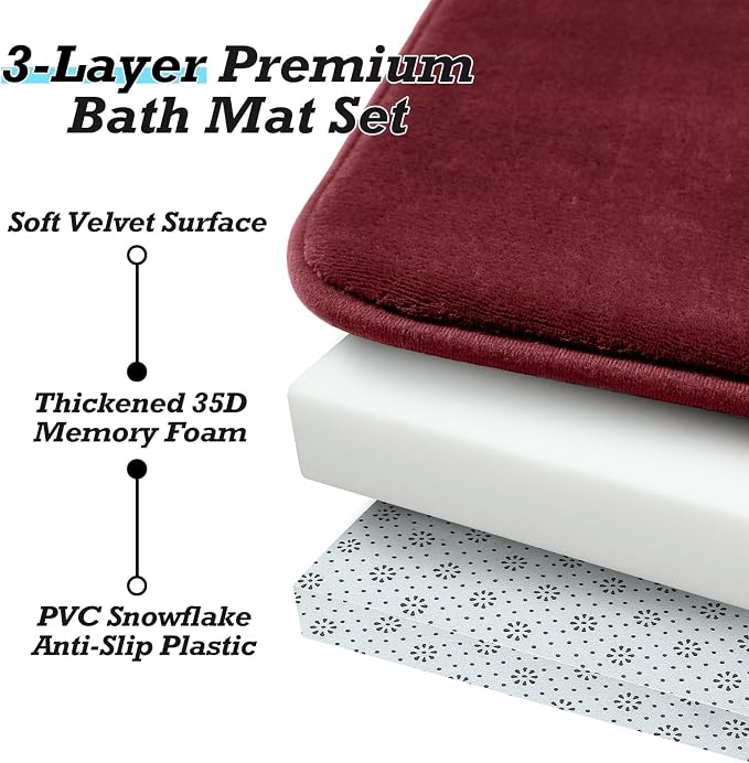 Bathroom Rugs Sets 2 Piece, Non-Slip & Quick Dry Bath Mat Set, Ultra Soft Velvet Bath Rugs for Bathroom, Toilet and Shower Floor, Red
