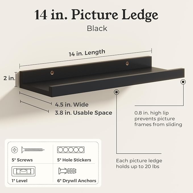 Black Picture Ledge Shelves for Wall, 4.5" Deep Wood Floating Shelves with Lip for Bedroom, Living Room, 13.7" Width, Color Black Set of 2