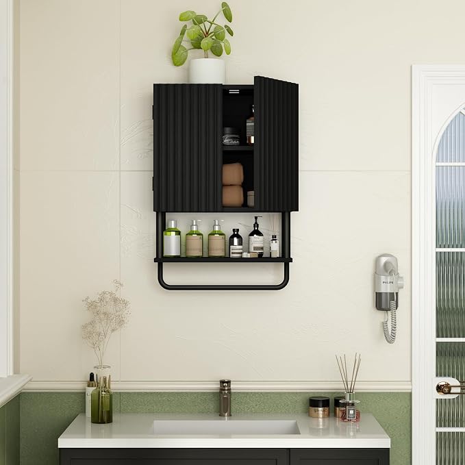 RUSTOWN Fluted Bathroom Wall Cabinet with 2 Doors, 3-Tier Medicine Cabinet | Modern Farmhouse Wall Mounted Cabinets, Over The Toilet Storage Cabinet, Adjustable Shelf and Towel Bar, Small