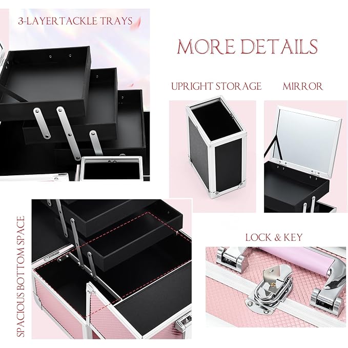 Joligrace 3-Tray Makeup Case with Mirror & Brush Holder, 11.6" Mermaid Pink | Cute mermaid style makeup train case with lots of storage capacity. Home makeup box holds cosmetics neatly and clean.