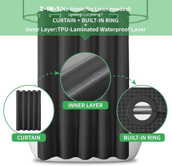 No Hook Waffle Shower Curtain, No Liner Needed Separate, 71x74 Inch, Black | 100% waterproof TPU-laminated backing, magnetic weighted hem, machine washable, shower curtain set for bathroom or hotel use