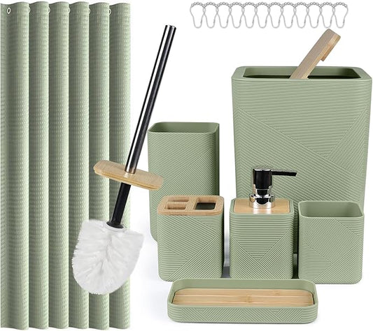CERBIOR Bamboo Bathroom Accessory Set with Shower Curtain,Green,20PCS | Spiral Set Includes Shower Curtain,Soap Dispenser, Toothbrush Holder, Toothbrush Cup, Soap Dish for Decorative and House Gift