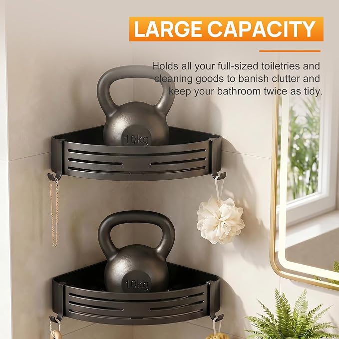 Black Adhesive Corner Shower Caddy 2-Pack, Triangular Shelves | No-drill black triangular shelves for smooth tile, glass and stainless steel shower walls, made for corner bathroom storage