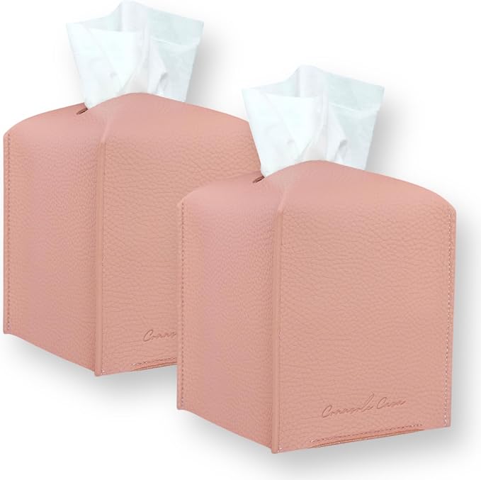 Premium PU Leather Tissue Box Holder - Elegant Hotel-Style Tissue Box Cover for Home, Office & Car Décor, Tissues Cube Organizer for a Natural & Classic Look (Pink 2 Pack)
