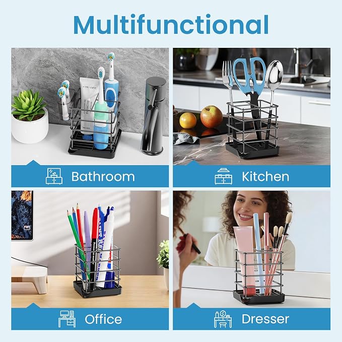 Toothbrush Holders, Bathroom Storage Organizer with Small Box,Black,3 Slots | Easy to Clean,Multifunctional,Kids Electric Toothbrush Organizer,Drainage,Removable,For Bathroom,Vanity,Kitchen Sink,Office
