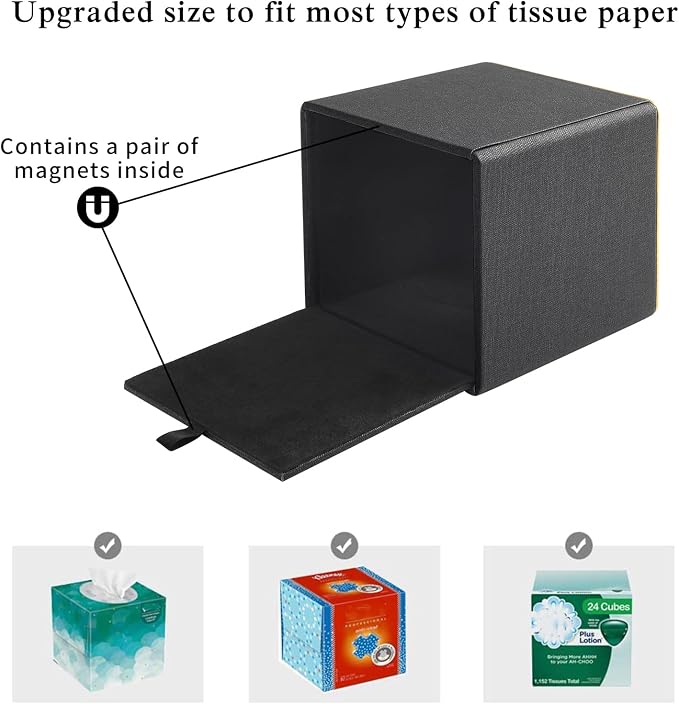 Linen Square Tissue Box Cover,Cube Tissue Box Holder－Excellent Rosegold Leather Decoration,Table Napkin Case Dispenser,Facial Tissues Organizer with Magnetic Bottom for Home Office Car(Black)