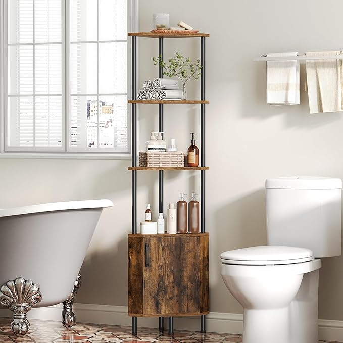 HOOBRO Corner Cabinet with LED Light, Corner Shelf Stand with Storage and Doors, 5-Tier Industrial Corner Bookshelf, 59” Tall Display Rack Shelf, for Living Room, Kitchen, Rustic Brown BF147DCJ01
