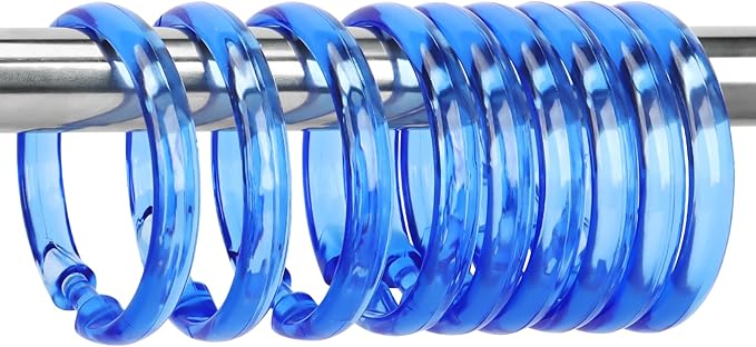 Blue Shower Curtain Hooks - 12 Pcs Circular Plastic Shower Curtain Rings for Bathroom - O Shaped Transparent Blue Shower Hooks Rings for Shower Curtain Rod