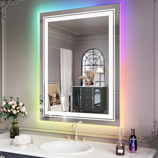 Snowdool 28 x 36 in RGB LED Bathroom Mirror, Front and Backlit, Anti-Fog | 8 RGB Backlight Modes, 3 Front Light Colors, Anti-Fog, Tempered Glass