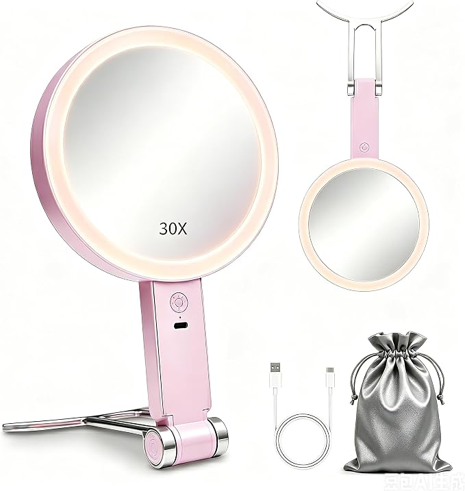 Travel Makeup Mirror with Lights for Women, Rechargeable Double-Sided 30X/1X Magnifying Mirror, Portable Lighted Vanity Mirror for Travel, Trips, Daily Makeup, 64 LED Lights, 3 Color Dimmable Lighting