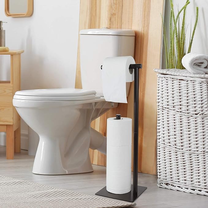 OYEAL Metal Toilet Paper Holder Stand Freestanding TP Holder with Storage | Floor Standing Toilet Paper Roll Dispenser for Bathroom Storage Holds Reserve Mega Rolls, Brown