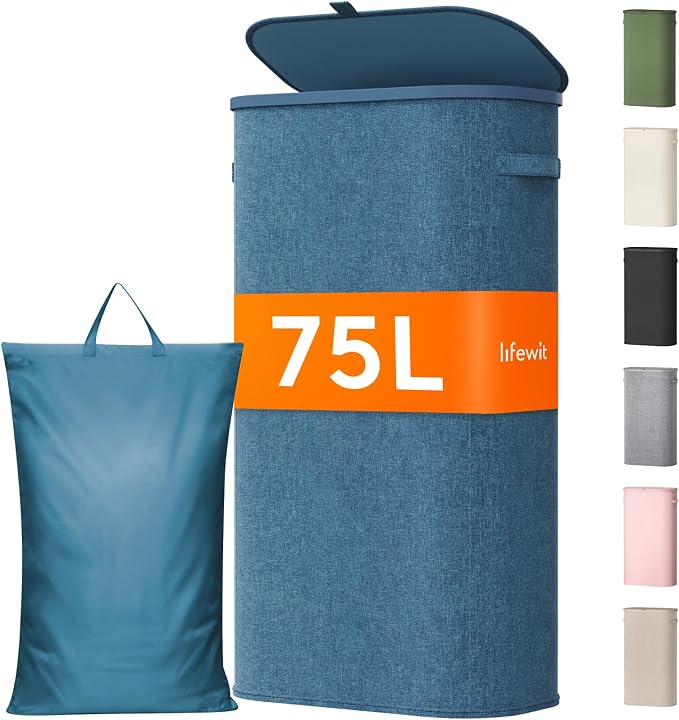Lifewit Slim Laundry Basket with Lid and Removable Bag, 75L, Dark Blue | Plastic Handles, Collapsible Narrow Laundry Hamper, Tall Skinny Laundry Bin, Clothes Hamper for Laundry, Bedroom, RV, Dorm