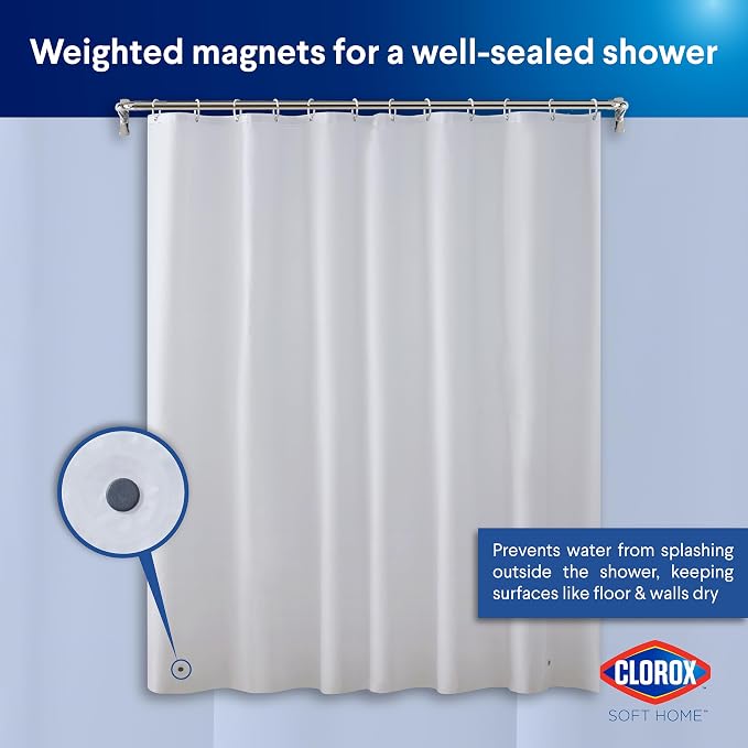 Clorox Shower Curtain Liner & Hooks, Premium Lightweight Flexible Waterproof 4g PEVA for Bathroom with Weighted Magnets, Standard Size 70" x 72", Frosty 1 Pack