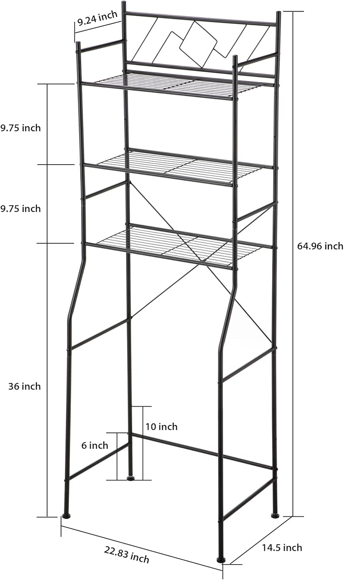 Home Zone Living Over-the-Toilet Bathroom Storage Cabinet Organizer | Freestanding Steel Frame Design with 3-Tier Shelves, Wide Stabilizing Base and Adjustable Feet, Black