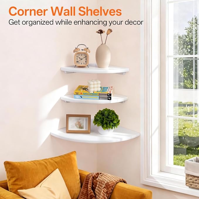 Gieanoo White Corner Wall Shelf 10inch Solid Oak Wood Floating Corner Shelf with Wire Hole Corner Wall Storage Display Shelves for Living Room Bedroom Bathroom Kitchen