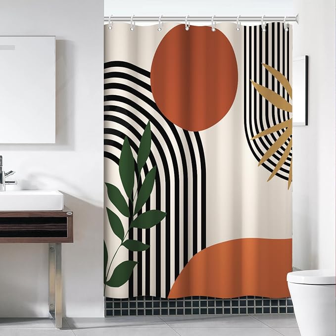 Mid Century Boho Shower Curtain with Hooks for Bathroom 54x72 Inch | Waterproof Abstract Sun Leaves and Arch Shower Curtain Set, Soft Terracotta Bathroom Decor