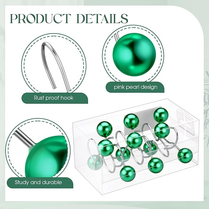 12 Pcs Cute Shower Curtain Hooks Shower Curtain Rings Artificial Pearl Decorative Vintage Rustproof Hooks for Bathroom Country Farmhouse Decor (Green)