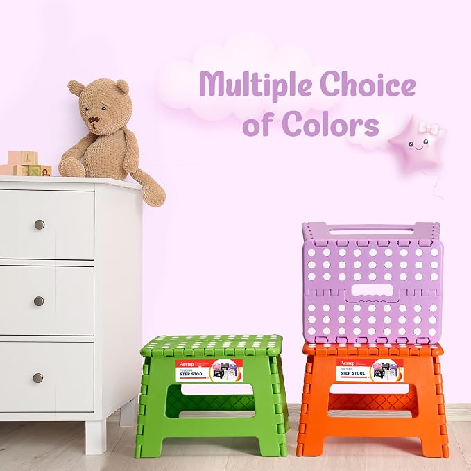 9 Inch Foldable Step Stool for Kids, 300 lb, Light Purple | Lightweight Plastic Small Foldable Step Stool with Handle, Non-Slip, for Kitchen, Bathroom, Bedroom and Closet