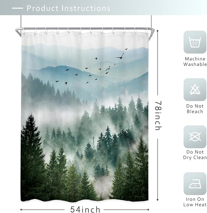 Green Rustic Mountain Scenery Pine Tree Bathroom Shower Curtain Set | 54"W x 78"L shower curtain， Greenery Landscape: HD waterproof print, quick-dry cloth, free hooks for easy installation.