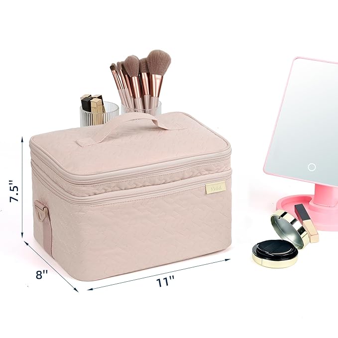 NISHEL Large Makeup Bag Organizer, Double Layer Cosmetic Travel Case | Organizer for brushes, bottles, makeup and skin care products, ideal for trips and daily use, Pink, Extra Large