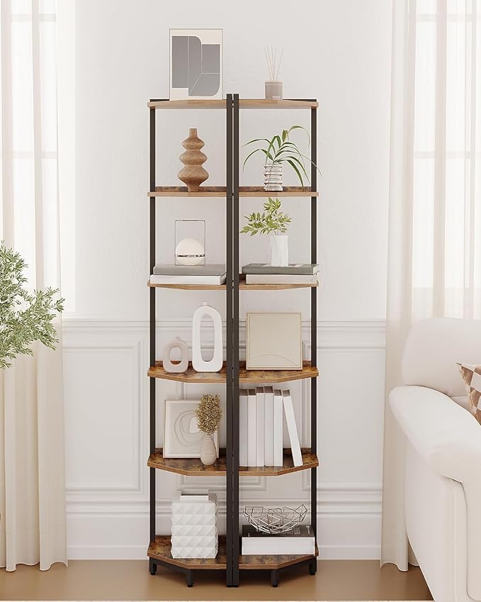 Hzuaneri Corner Shelf Stand 6-Tier Corner Bookshelf Storage Standing Shelf | Bookcase Plant Stand with Metal Frame for Living Room, Home Office, Bedroom, Rustic Brown CS06001B
