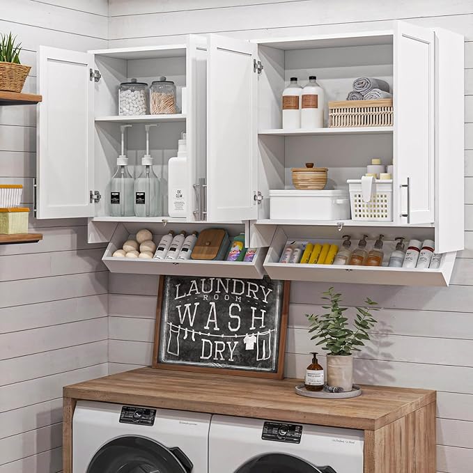 59’’W Laundry Room Cabinets Wall Mounted,Kitchen Wall Cabinet with Flip-Bottom Drawer for Spice, Adjustable Shelf, Shaker Wall Cabinets for Laundry Room, Kitchen, Bathroom, White