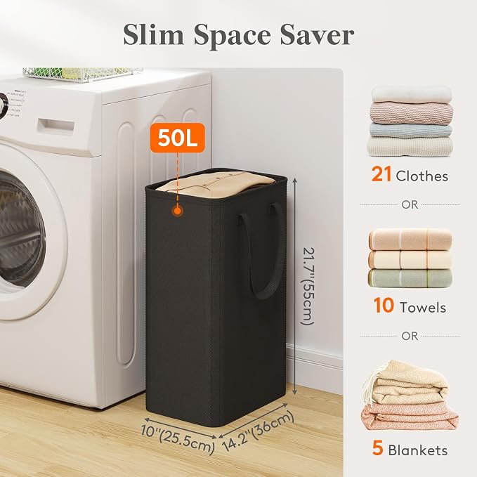 Lifewit Slim Collapsible Laundry Basket with Handles, 50L, Black | Narrow Laundry Hamper for Dirty Clothes, Tall Thin Laundry Bin, Small Clothes Hamper for Bathroom, Bedroom, RV, Dorm