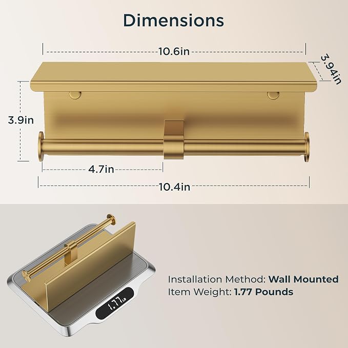 FORIOUS Toilet Paper Holder with Shelf, Commercial Toilet Paper Dispensers | Brushed Gold | Wall Mount Bathroom Tissue Holder | SUS304 Stainless Steel Rustproof | Double Tissue Roll Holder