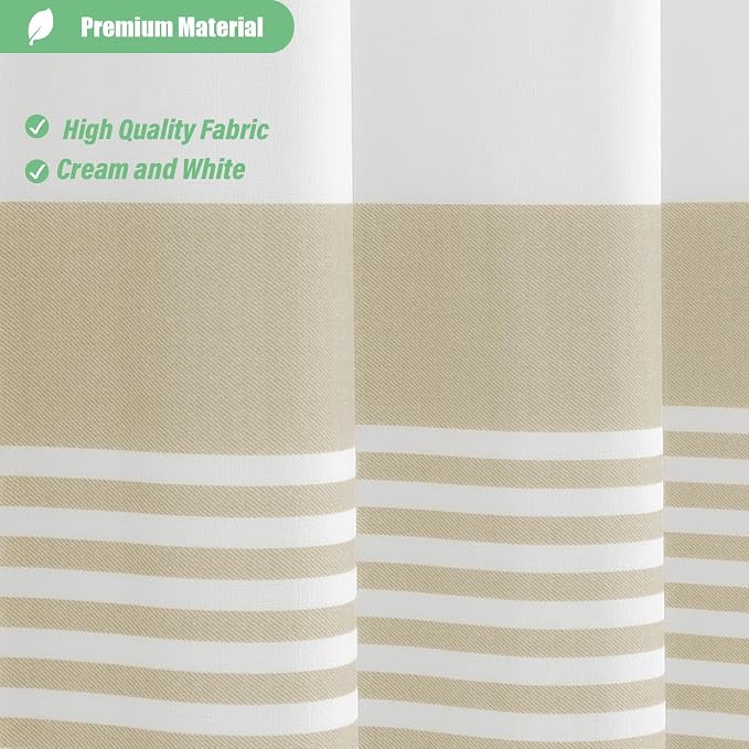 Cream Fabric Shower Curtain, Farmhouse Boho Striped Tassel Shower Curtains for Bathroom, Bohemian Textured Cloth Shower Curtain Set with Hooks, Water Repellent, Wrinkle Free, 72x72