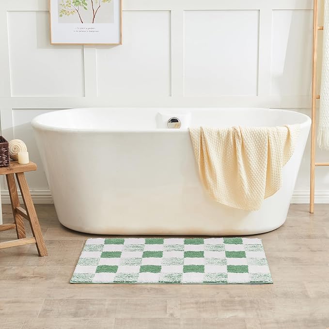 CozeCube Sage Green Checkered Bath Mat 36"x24" Non Slip Washable Rug | For Bathroom Non Slip, Fluffy Absorbent Microfiber Bath Mats Machine Wash, Stylish Large Aesthetic Bathroom Rugs