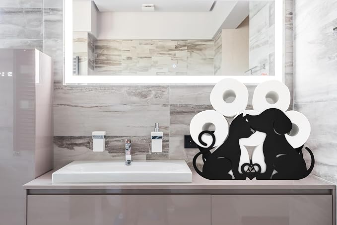 Lover Dog Black Metal Paper Holder, Decorative FreeStanding Toilet Paper Organizer for Bathrooms, Holds Extra 8 Rolls