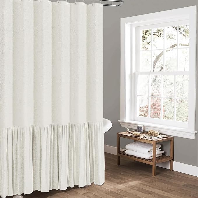 Long Linen Ruffle Farmhouse Cloth Boho Shower Curtain, 72x78, Natural | Ruffle Hem, Heavy Duty Fabric, 12 Hooks, Elegant Drape, Shabby Chic Style, Bathroom Decor, Machine Washable, Easy To Install