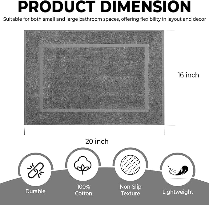 KAHAF COLLECTION Bath Mat Floor Towel Set - Absorbent Cotton Hotel Spa Shower/Bathtub Mats [Not a Bathroom Rug] (Dark Grey, 2 Pack (16"x24"))