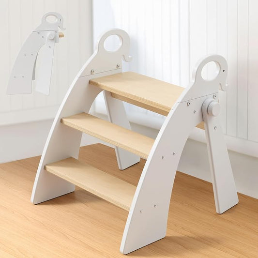Step Stool for Toddlers & Kids, Bathroom Sink, 3 Step Foldable | Wooden Bamboo, White Elephant Handles, Non-Slip Pads, Potty Training & Kitchen Helper, 300-lb Capacity, Foldable for Storage
