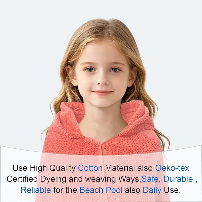 VOOVA & MOVAS Kids Hooded Bath Towel, 6-10 Years, 100% Cotton,Pink Waffle | Soft Waffle Texture, Heavy Density Fabric, Suitable for Bath, Pool, Swim and Beach