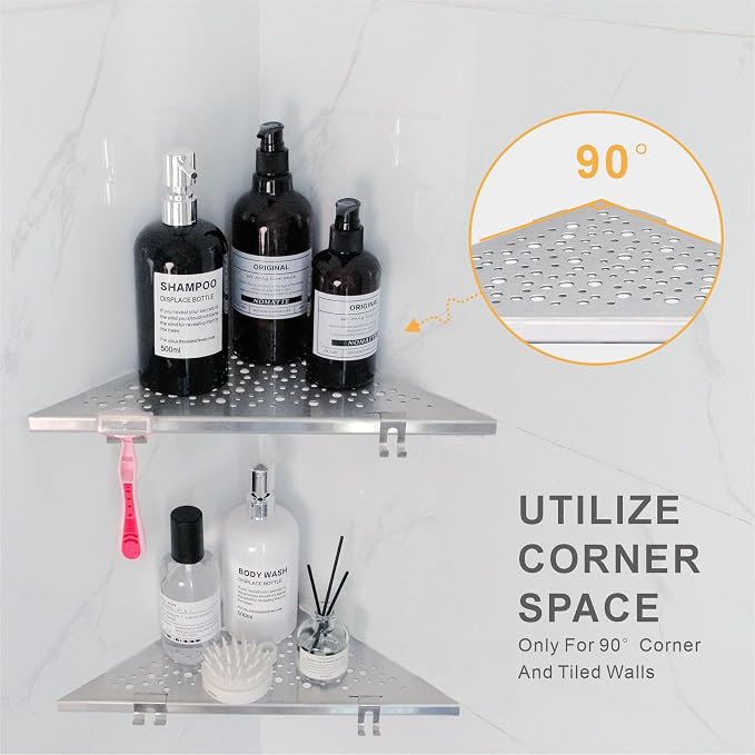 WELLUP Shower Shelf Brushed Nickel 2 Pack,Corner Shower Shelf with 4 Hooks | 304 Stainless Steel Corner Shelf Recessed, Shower Corner Shelf for Tile Wall,Holds 15 lbs,Hollowed Drainage,Easy Install