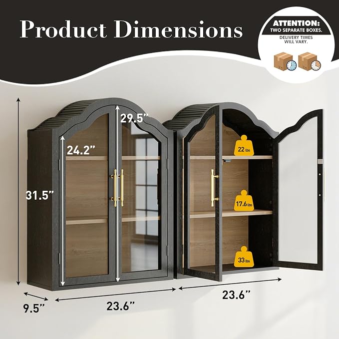 Arched Wall Cabinet Above Toilet Cabinet Set of 2, 31.5×23.6 Inch Wall Mounted Cabinets with Tempered Glass Doors & Adjustable Shelves for Laundry Room, Kitchen, Bathroom (2PCS, Black)