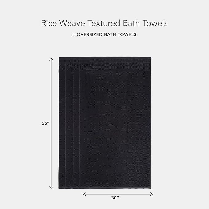 Texere 100% Organic Cotton Rice Weave Jacquard 700 GSM Luxury Bath Towel Sets - Ultra Soft and Absorbent Hotel and Spa Quality (Rice Weave, Black, 4 Bath Towels)