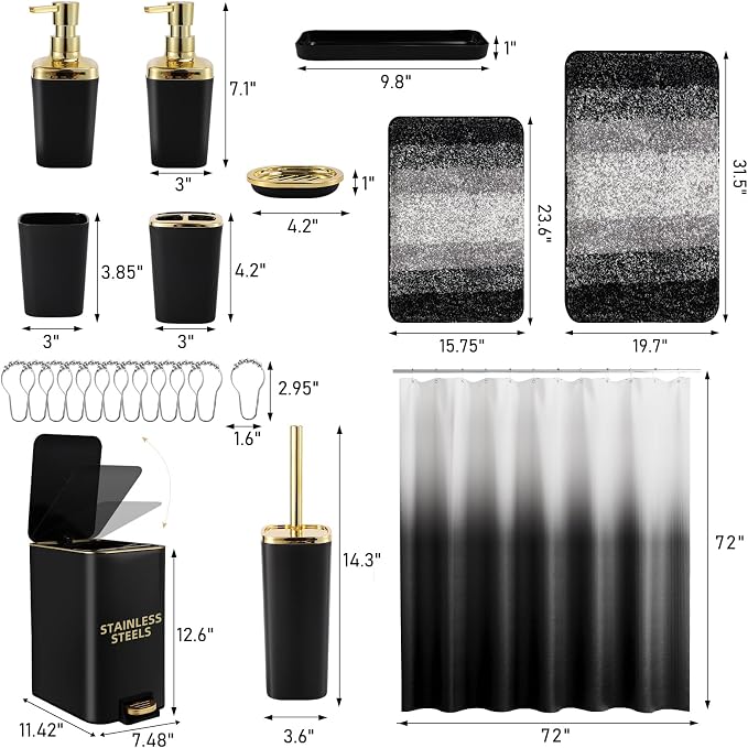 Bathroom Sets with Shower Curtain and Rugs Bathroom Accessories Set Black Bathroom Set,Soap Dispenser & Toilet Brush Holder Set with Stainless Steel Trash Can(23 PCS)
