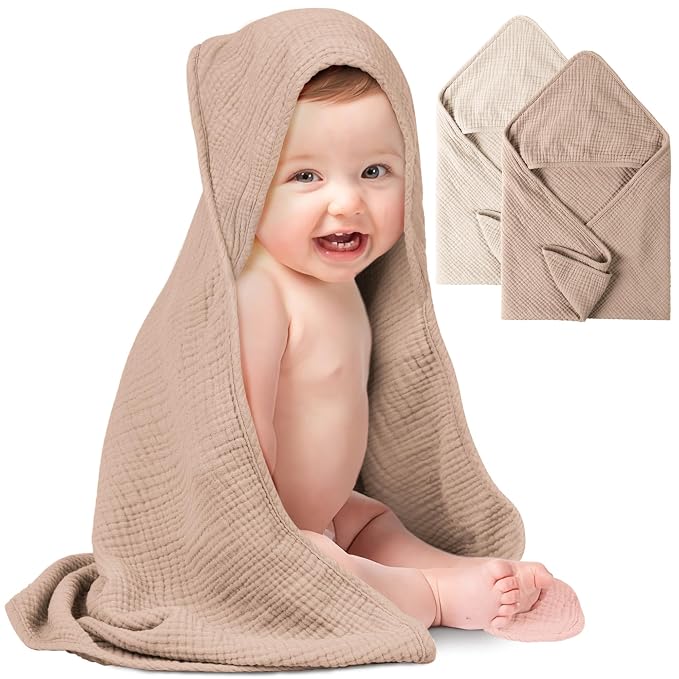 Konssy 2-Pack Muslin Hooded Baby Towels, Bath Towel for Newborns, Toddlers | 32 x 32 In, Ultra-Soft & Absorbent, 100% Cotton Bath Towels Set With Hood for Infants, Boys and Girls (Cream, Camel)