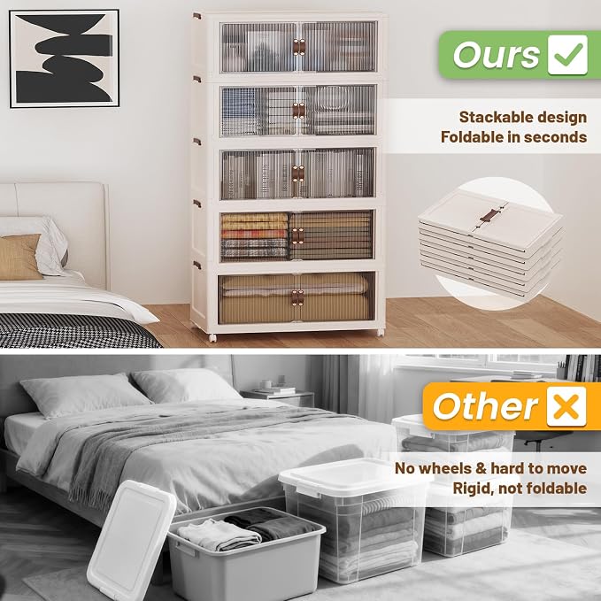SAILUN 635Qt Stackable Storage Bins,Storage Cabinet a Lid,5Pack Blush White | Stackable Storage Drawers with Lids,28" W x 17" D x 75" H,Featuring open-front Access for Clothes and Closet Storage
