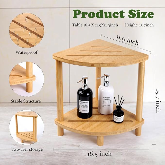 Bamboo Shower Stool for Inside Shower 2-Tier,Corner Shower Bench | Waterproof,Shower Foot Rest with Storage,Space-Saving,Bath Stool For Shaving Leg,Shower Shelves,Shower Caddy,Easy to Assemble