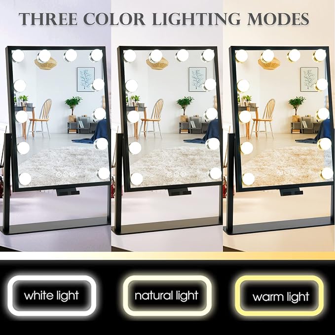 BWLLNI Vanity Mirror with Lights, Black Makeup Mirror with Phone Holder | Hollywood Mirror with 12 Dimmable LED Bulbs, 3 Color Lighting Modes, Detachable 10X Magnification, 360°Rotation