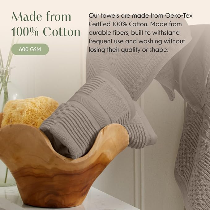 100% Cotton Bath Towel Set | 4-Pack | Textured | Brown | Luxury Geometric Design | Absorbent & Quick-Dry Bathroom Towels | Textured and Durable Cotton Towels for Bathroom | OEKO-TEX