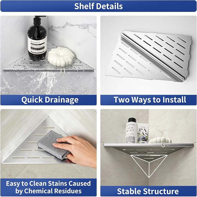 Corner Shower Shelf 10" Brushed | 304 Stainless Steel, Slot Design, Recessed Corner Shelf Bathroom Grout in Shelf for Tiled Wall