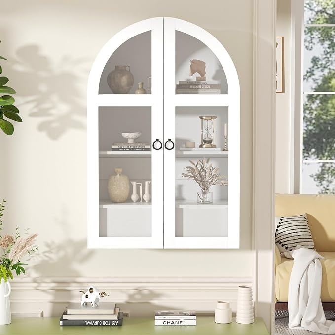 Arched Medicine Cabinet, White Bathroom Wall Cabinet with Tempered Glass Door and Adjustable Shelf for Kitchen, Living Room, Entryway, Laundry Room, Apartment, Office, Small Space