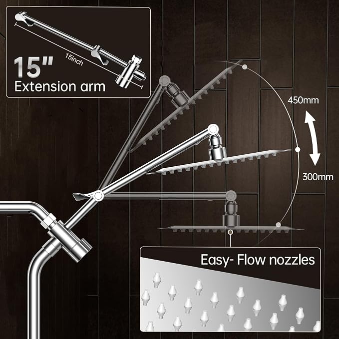 Veken All Metal 10"Luxurious Rain Shower Head with Handheld Spary,Power Jet | Square,Dual High Pressure Showerhead Combo,Double Detachable Shower Heads,Rainfall with Extension Arm,Long Hose,Chrome,Silver