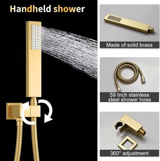 AYIVG Brushed Gold 4 Function Dual Shower Heads System Multi Functions 16 X 26 Inch Rainfall and 8 Inch Wall Mount with 6 Jets Full Body Shower System Set with Handheld shower head