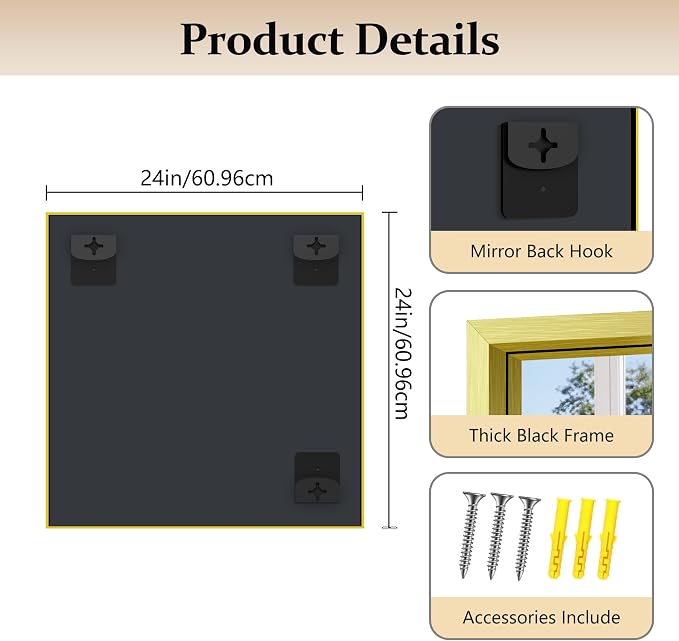 COFENY Bathroom Mirror, 24x24 Brushed Gold Square Mirrors, Thickened Deep Metal Frame Small Bathroom Vanity Mirrors for Over Sink, Bedroom, Entryway, HD Tempered Glass, Horizontally or Vertically